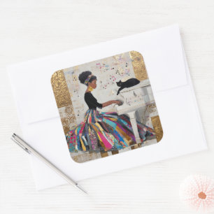 Goud Folie Zwarte Dame Pianiste en Kat Vierkante Sticker
