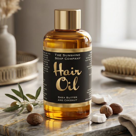 Goud Folie & Zwarte Haarolie Fles Label