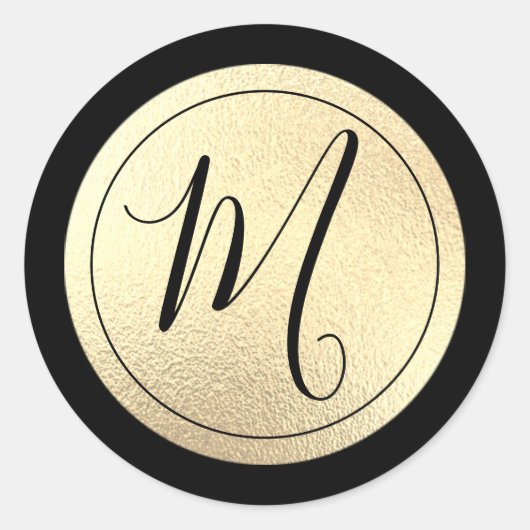 Goud Folie Zwarte Monogram Ronde Sticker (Voorkant)