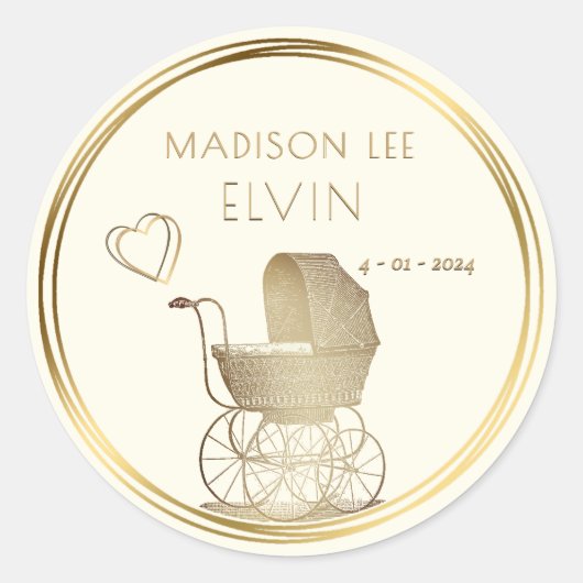 Goud Frans Baby Carriage Geboorte Datum Aankondigi Ronde Sticker (Voorkant)
