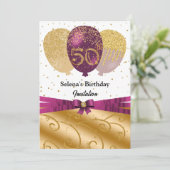 Goud, Fuchsia ballonnen & Zijde Lint 50e Verjaarda Kaart (Staand voorkant)
