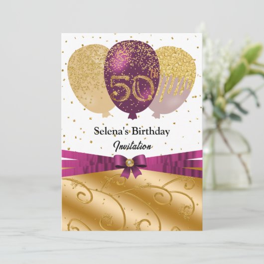 Goud, Fuchsia ballonnen & Zijde Lint 50e Verjaarda Kaart (Staand voorkant)