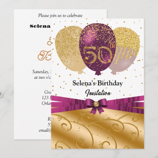 Goud, Fuchsia ballonnen & Zijde Lint 50e Verjaarda Kaart (Voorkant / Achterkant)