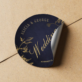 Goud gebladerte navy blauw chic kalligrafie bruilo ronde sticker