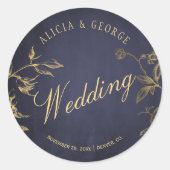 Goud gebladerte navy blauw chic kalligrafie bruilo ronde sticker (Voorkant)