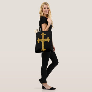 Goud geborduurd uitziende kruis voor- en achterkan tote bag
