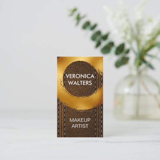 Goud geborsteld | Bruin leer Visitekaartje (Staand voorkant)