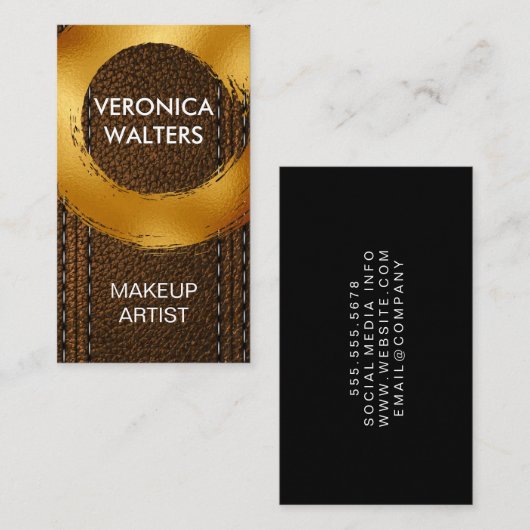 Goud geborsteld | Bruin leer Visitekaartje (Voorkant / Achterkant)