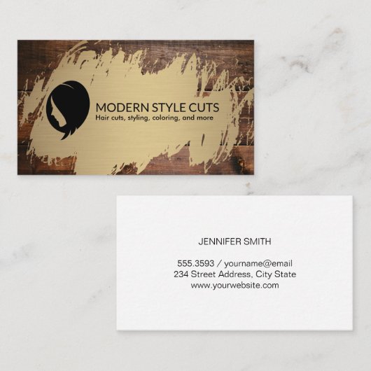 Goud geborsteld | Hout | Kapsalon Kapper Visitekaartje (Voorkant / Achterkant)