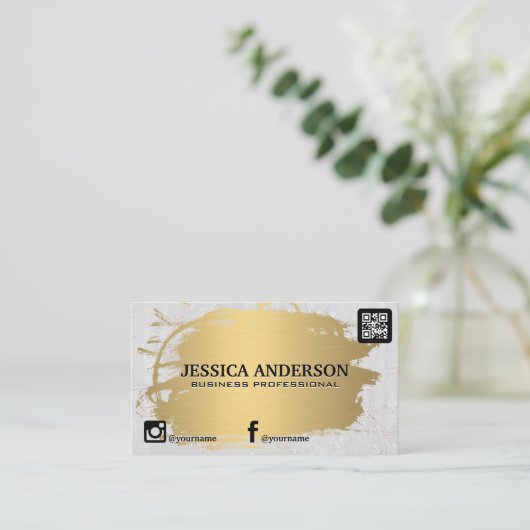 Goud geborsteld | Marmer Stone | QR-code Visitekaartje (Staand voorkant)