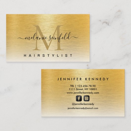 Goud geborsteld metaal Elegant Monogram Matig Manu Visitekaartje (Voorkant / Achterkant)