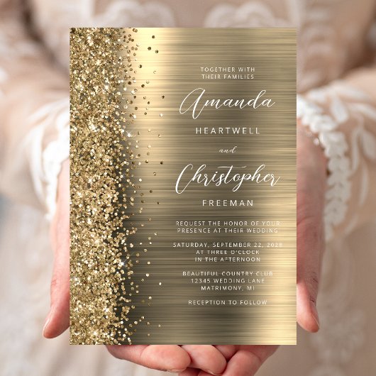 Goud Geborsteld Metaal Glitter Script Bruiloft Kaart