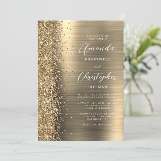 Goud Geborsteld Metaal Glitter Script Bruiloft Kaart (Staand voorkant)