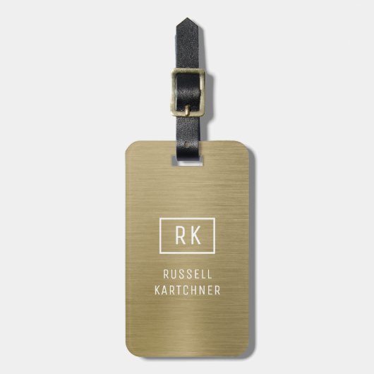 Goud geborsteld metaal modern monogram bagagelabel (Voorkant verticaal)