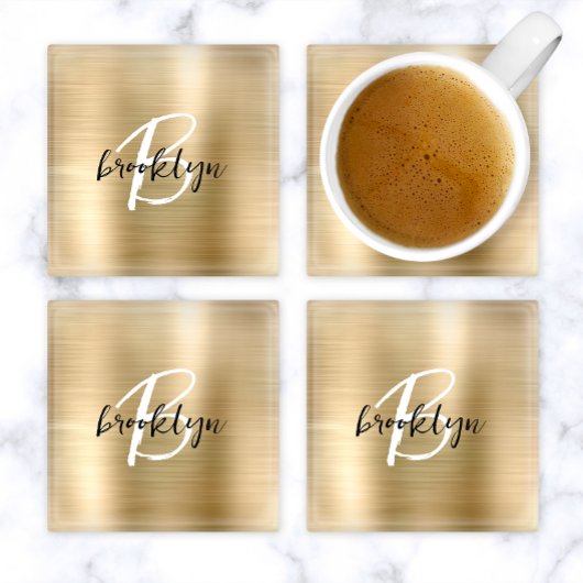 Goud geborsteld metaal zwart wit script monogram glazen onderzetter