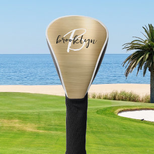 Goud geborsteld metaal zwart wit script monogram golfheadcover
