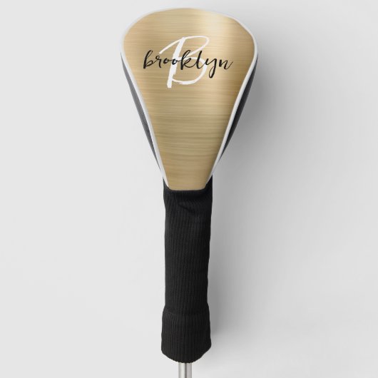 Goud geborsteld metaal zwart wit script monogram golfheadcover (Voorkant)