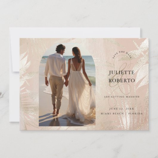 Goud geborsteld tropisch palmblad zomer bruiloft save the date (Voorkant)