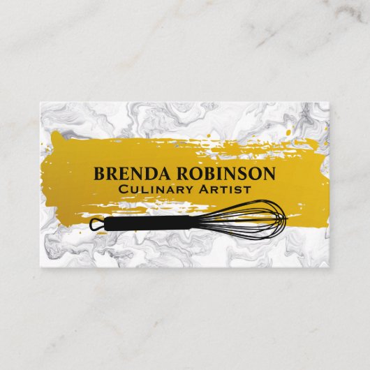 Goud geborsteld | Witte marmer Whisk Visitekaartje (Voorkant)