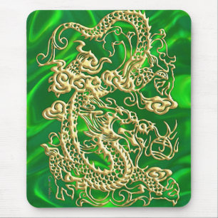 Goud gedrukt draakmotief op groene satijnen textuu muismat