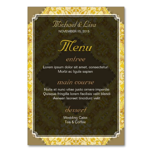 Goud Geel Damast Bruiloft Menu+Table Nummer Kaart (Achterkant)