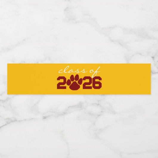 Goud Geel & Maroon Paw Print Afstuderen Waterfles Etiket (Enkel label)