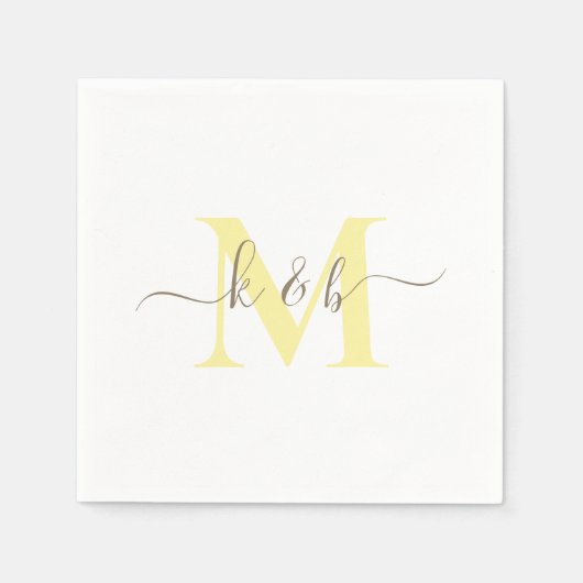Goud & Geel Monogram Swash Script Witte Cocktail Servet (Voorkant)
