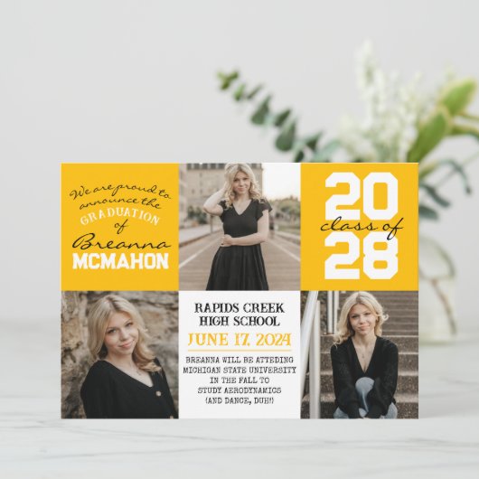 Goud Geel Wit 4 Foto Afstuderen Aankondiging (Staand voorkant)