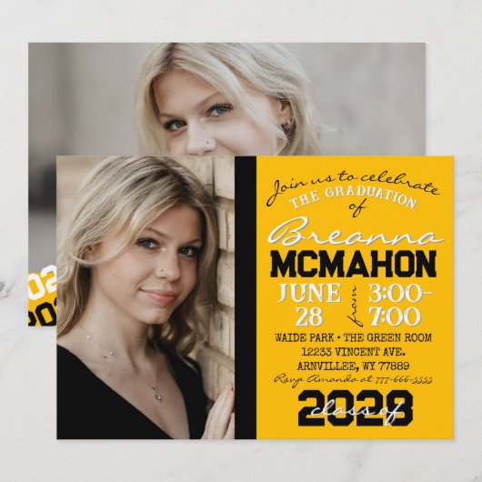 Goud Geel & Zwart Afstuderen 2 Fotouitnodiging Kaart (Voorkant / Achterkant)