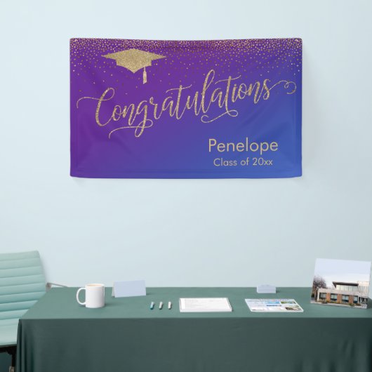 Goud Gefeliciteerd Afstuderen Paarse Blauw Ombre Spandoek (Beurs)