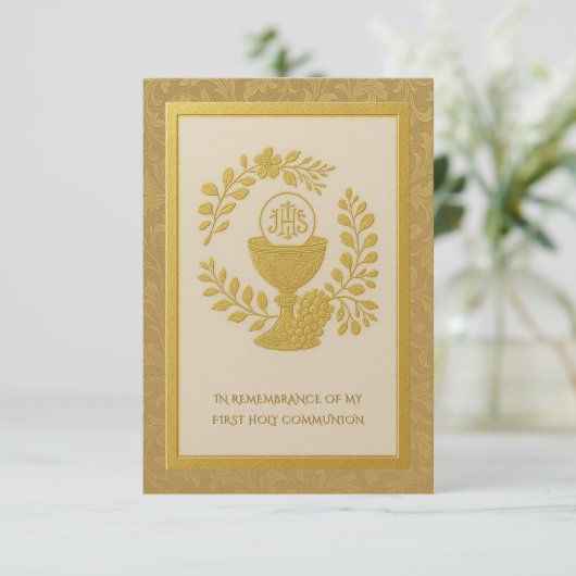 Goud gegraveerd Eerste Heilige Communie Keepsake Aankondiging (Staand voorkant)