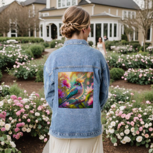 Goud gekroonde groenkopige vink fantasievogel denim jacket