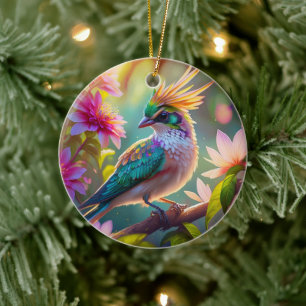 Goud gekroonde groenkopige vink fantasievogel keramisch ornament