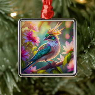 Goud gekroonde groenkopige vink fantasievogel metalen ornament