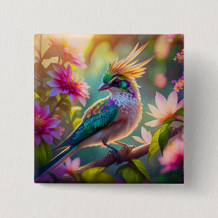 Goud gekroonde groenkopige vink fantasievogel vierkante button 5,1 cm