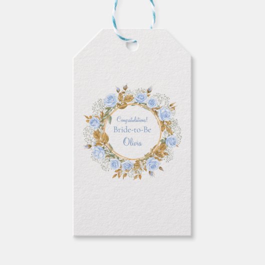 Goud gekuste blauwe roos bruid cadeaulabel (Voorkant)