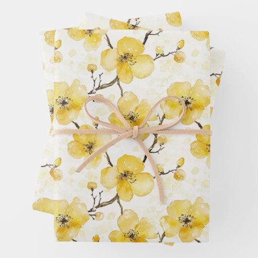 Goud Gele Bloemen Bruiloftsfeest Inpakpapier Vel (In situ)