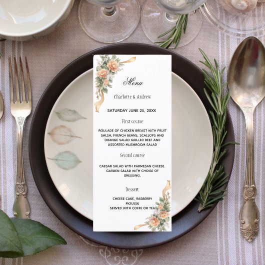 Goud gele bloemen lint diner bruiloft menu