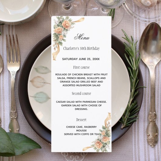 Goud gele bloemen lint diner menu kaart