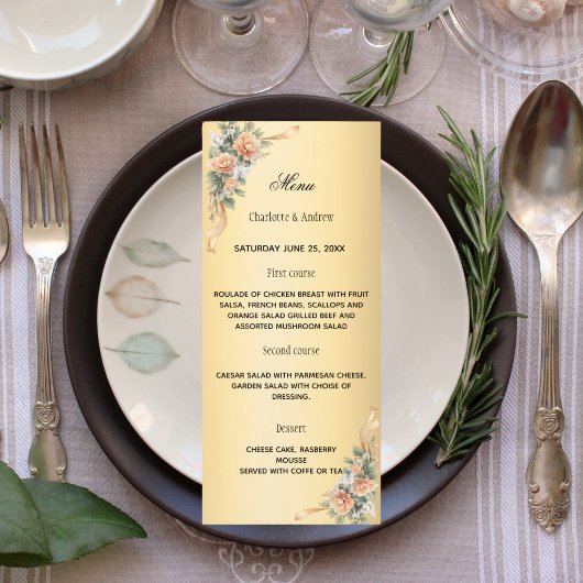 Goud gele bloemen lint huwelijksjubileum menu