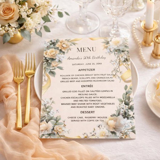 Goud gele bloemen lint menukaart
