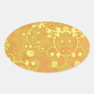 Goud Gele Fantasie Bloemendamask Patroon Ovale Sticker