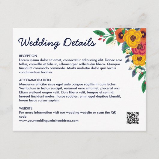 Goud Gele Navy Blauwe Boho Boeket QR Code Informatiekaartje (Voorkant)