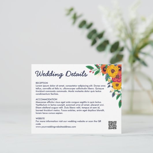Goud Gele Navy Blauwe Boho Boeket QR Code Informatiekaartje (Staand voorkant)