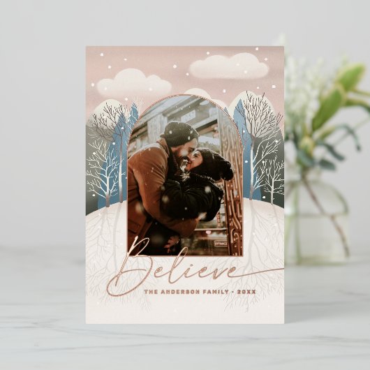 Goud gelooft in kerst | Woodland Photo Folie Feestdagenkaart (Staand Voorkant)