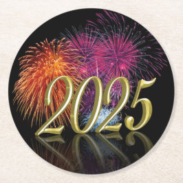 Goud Gelukkig Nieuwjaar 2025 Vuurwerk Ronde Kartonnen Onderzetter