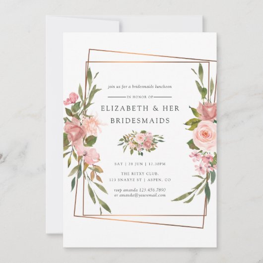 Goud Geometric Blush Rozen Bridesmaids Luncheon Kaart (Voorkant)