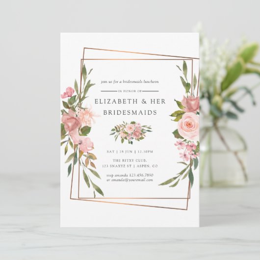 Goud Geometric Blush Rozen Bridesmaids Luncheon Kaart (Staand voorkant)