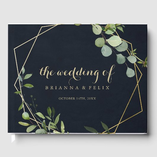 Goud Geometrisch Blauw Groen Kalligrafie Bruiloft Gastenboek (Voorkant)