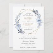 Goud Geometrisch Bloemen Blauw Bladeren Lijst Brui Kaart (Voorkant)